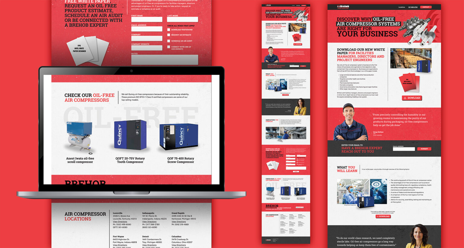 Web design — Brehob oil-free air compressor landing page, Wood Mill